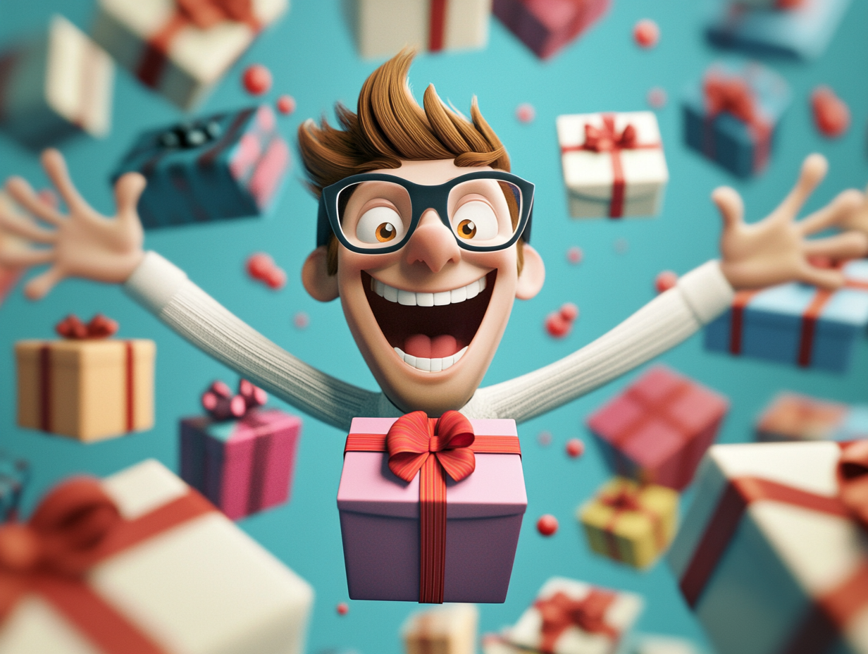 Cartoon man excited by a new gift